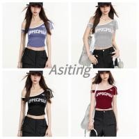 ราคา เสื้อยืดแขนสั้นเปิดไหล่สีน้ำเงิน สไตล์อเมริกันสำหรับฤดูร้อน ทรงสแล็กซ์ (40960323834)