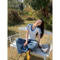 ราคา ที เชิ้ตแขนสั้นผ้าฝ้ายบริสุทธิ์สไตล์เกาหลีสำหรับผู้หญิง ทรงเข้ารูป ฤดูร้อนใหม่ ลายทางหวานและเผ็ด ปักลายสีบล็อก ดีไซน์คอวี หลากหลาย ลดน้ำหนัก (40954308674)