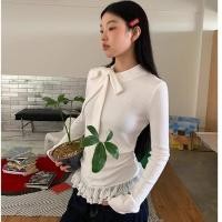 ราคา ลูกไม้สีขาวลูกไม้แขนยาวเสื้อยืดผู้หญิงฤดูใบไม้ร่วงโบว์ผูกด้านล่างเสื้อ (40320094638)