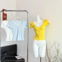 ราคา เสื้อยืดผู้หญิงแบบคอวีปลอม สีเหลือง แขนสั้น ดีไซน์สั้น สำหรับฤดูร้อน (40255313885)