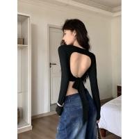 ราคา Aaiting เสื้อยืดแขนยาวสีดำเชือกแขวนคอผู้หญิงเสื้อรัดรูปสั้นเซ็กซี่สำหรับสาวฮอต (26080992820)