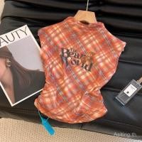 ราคา วีซีที่มีลายหมีสำหรับผู้หญิง ฤดูร้อน เสื้อคอสูงครึ่งตัวลายตารางที่ไม่เหมือนใคร (43602737368)