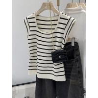 ราคา แฟชั่นสไตล์เกาหลี เสื้อสายเดี่ยวถักสำหรับผู้หญิง 2025 คอ U สั้น ลายทางหวาน เสื้อยืดแขนกุด (40704827594)