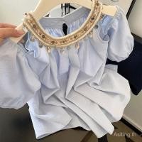 ราคา ชุดเสื้อเชิ้ตสีน้ำเงินสไตล์เกาหลีสำหรับผู้หญิง 2025 คอวีปักลูกปัดหนัก เสื้อเบลาส์เปิดไหล่ (43752058682)