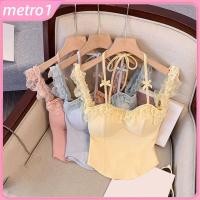 ราคา เสื้อคอฮอลเตอร์สำหรับผู้หญิงที่ใส่สบายในฤดูร้อน เสื้อกล้ามผูกโบว์พร้อมแผ่นเสริมหน้าอก แต่งขอบลูกไม้ที่ไหล่ข้างเดียว คอฮอลเตอร์สั้นเปลือยหลัง ดีไซน์ metro1 (50750801840)