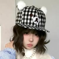 ราคา BEINIAN Niche โฮมเมด Kuma Rilakkuma สีดําสีขาวลายสก๊อตเบสบอลหมวกหญิงน่ารักการ์ตูนหมีตุ๊กตาหมวกหู (41063621825)