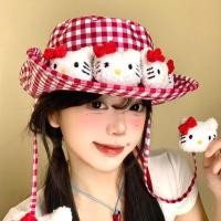 ราคา BEINIAN y2k ญี่ปุ่นหวานน่ารัก kitty ลายสก๊อตสีแดงหมวกถังหญิงฤดูร้อน Travel Sunshade Sun หมวก (26040708742)