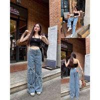 ราคา WSHOP WS 3399 JEANS กางเกงยีนส์เอวสูงขากระบอก มีกระเป๋าข้างผูกโบว์ด้านหน้า น่ารักมาก (24093161446)
