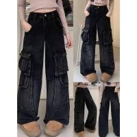 ราคา WSHOP WS 2185 JEANS กางเกงยีนส์เอวสูงขากระบอก สีดำฟอก ทรงคาโก้ แต่งกระเป๋าข้าง เท่มาก (54400755648)