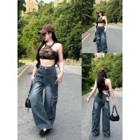 ราคา WSHOP WS 3371 JEANS กางเกงยีนส์เอวสูงขากระบอกสียีนส์เข้มแต่งกระเป๋าด้านข้าง แต่งฟอก (44466916915)