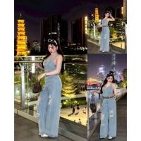 ราคา WSHOP WS 3327 JEANS จั๊มสูทยีนส์ขายาว คล้องคอมีสม๊อคด้านหลัง แต่งกระดุมหน้าขาดเข่า สวยมาก (29833984360)