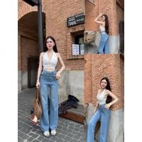 ราคา WSHOP WS 6110 JEANS กางเกงยีนส์เว้าเอวขากระบอกแต่งลูกไม้สีขาวตรงเอว มีสายโซ่สีทอง เซ็กซี่แบบเบาๆ (28689169835)