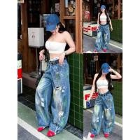ราคา WSHOP WS 3363 JEANS กางเกงยีนส์เอวสูงทรงบราเรล แต่งเพ้นท์สีสีสันสดใส มีกระดุมสองเม็ด (27890971903)