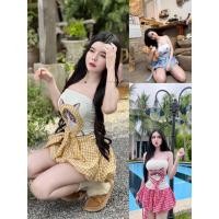 ราคา BK BRAND BK 3259 เซตเกาะอกรีดเแมวโพกหัวลายสก็อตเสื้อย่นข้างดึงยางหลัง กระโปรงบอนลูนมีเชือกผูก (42764374126)