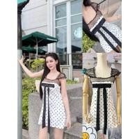 ราคา GOODLUCKSHOP GLS 46580 มินิเดรสแต่งไหล่ลูกไม้ลายจุดดำ ตัดสีชุด ด้านหลังสม็อคนะคะ ทรงเข้ารูปสวย (25347039437)