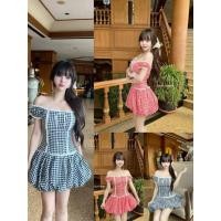 ราคา GOODLUCKSHOP GLS 33706 มินิเดรส So cute ตะโกน ผ้าลายสก็อต ทรงเปิดไหล่ แต่งลูกไม้ช่วงหน้าอก ด้านหล (52150392140)