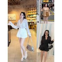 ราคา BK BRAND BK 47489 เชิ้ตแขนยาวแต่งลูกไม้ผ้าrossy กางเกงขาสั้นจีบซับในแต่งลูกไม้ (27288986215)