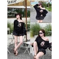 ราคา THANYATHEP TYT 58916 เซท2ชิ้นเสื้อโอเวอรไซส์เปิดไหล่ สกรีนน้องหมามาพร้อมกางเกงขาสั้นบอลลูนลายจุดสุ (46200384396)