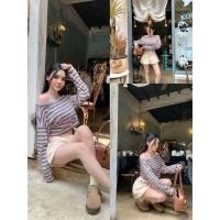 ราคา THANYATHEP TYT 82706 เซท2ชิ้นเสื้อเปิดไหล่ ลายริ้วมาพร้อมกางเกงบอลลูนขาสั้นแต่งจีบทสุดฮิต (42925775875)