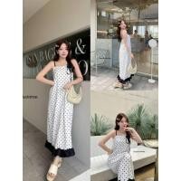 ราคา GOODLUCKSHOP GLS 78062 เดรสยาว ดีเทลแต่งชายกระโปรงระบายดำตัดสีชุด สายเดี่ยวไขว์สลับหลังมีซิป (41674155201)