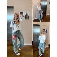 ราคา WSHOP WS 2436 JEANS กางเกงยีนส์เอวสูงขากระบอกเพ้นส์สี แต่งขาด ปลายขาลุ้ย เท่มาก (43570436799)