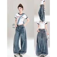 ราคา WSHOP WS 2435 JEANS กางเกงยีนส์เอวสูงขากระบอกทรงบาเรลฟอกสีแต่ง แถบขาวด้านข้างผ้าหนาทรงสวย (41868369566)