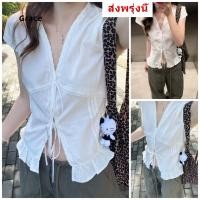 ราคา Grace จัดส่งจากคลังไทย เสื้อเชิ้ตแขนสั้น ลายลูกไม้ สไตล์ slim fit สำหรับผู้หญิงฤดูร้อน GR2959 (28588937849)
