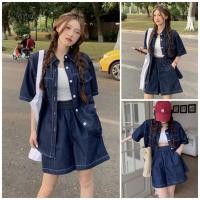 ราคา Grace พร้อมสต็อก ชุดสูทยีนส์แฟชั่นลำลอง เสื้อเชิ้ตแขนสั้นย้อนยุค กางเกงขาสั้นเดนิม ชุดสูทสองชิ้น GR1689 (43603048607)