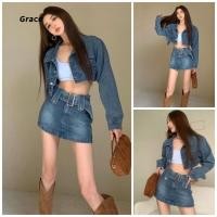 ราคา Grace ชุดสูทสองชิ้น แจ็คเก็ตยีนส์สั้นและกระโปรงยีนส์เอวสูง ดีไซน์เซ็กซี่ย้อนยุค GR2970 (44110353874)
