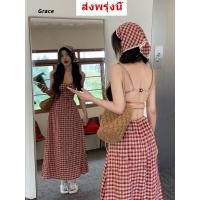 ราคา Grace จัดส่งจากคลังไทย 2025ชุดเดรสลายสก๊อตสีแดงสไตล์วันหยุดชายทะเลเอวแคบสายคล้องคอกระโปรงยาว GR823 (27881427658)