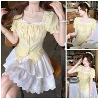 ราคา Grace Ready Stock เสื้อเชิ้ตลายแขนสั้น 2025 New Style French Slim Fit Square Neck Yellow Top GR3390 (44017710407)