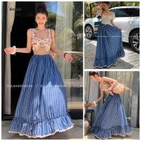 ราคา Grace คลังสินค้าพร้อม A line เอวสูง Slimmer Look กระโปรงยาวสีฟ้าสีขาวลายกระโปรงวันหยุด GR812 (27781366771)