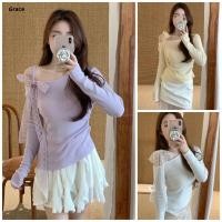 ราคา Grace คลังสินค้าพร้อม 2025 ฤดูใบไม้ร่วงสไตล์ใหม่ไหล่แนวทแยงลูกไม้ Laced Up เสื้อกันหนาว Uniqlo เสื้อแขนยาวผู้หญิง GRL285 (53651178451)