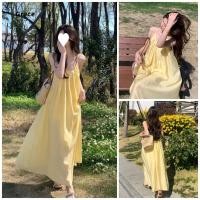 ราคา ชุดเดรสสีเหลือง สไตล์วันหยุดที่ชายหาด แบบหลวม ๆ กระโปรงทรงเอ line ยาว (43707965957)