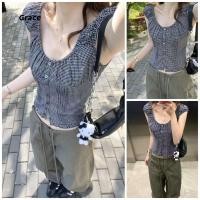 ราคา Grace เสื้อเชิ้ตแขนสั้นสีน้ำเงินสำหรับผู้หญิง ทรงSlim fit ดีไซน์กระชับเอว รหัสGR283 (40506581899)
