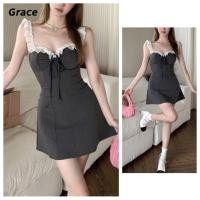 ราคา Grace ชุดเดรสกระไปรงสัน ทรงเอ คอสีเหลียม แต่งจับจีบ แต่งลูกไม้ สีเทา แฟชันฤดูร้อน สำหรับสตรี G6867 (29211438141)