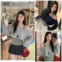 ราคา Grace คลังสินค้าพร้อม เสื้อยืดแขนยาวไหล่เฉียงถักลายทางเสื้อกั๊กเซ็กซี่ด้านบน GRL067 (29143188531)