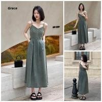ราคา Grace คลังสินค้าพร้อม ชุดเดรสสลิงยีนส์คอวีผู้หญิงฤดูร้อนสไตล์ใหม่เอวแคบกระโปรงยาวสุดเก๋ GR1393 (43550599267)