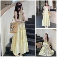ราคา Grace คลังสินค้าพร้อม ชุดเดรสสลิงสีเหลืองวันหยุดฤดูร้อน Slim fit Slimmer Look กระโปรงยาว GR1539 (42001205665)