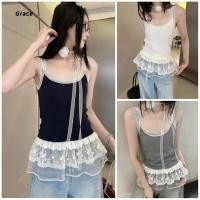 ราคา Grace คลังสินค้าพร้อม เสือสายเดียว ดีเทลขอบระบายชายลูกไม้ ผ้าฉลุดอกไม้พันคอ GR977 (28033268815)