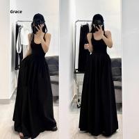 ราคา Grace คลังสินค้าพร้อม ชุดเดรสสีดําย้อนยุคเอวแคบ Slimmer Look Simple Stitching Sling Dress GR1398 (26636539011)