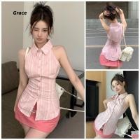 ราคา เสื้อสีชมพูคอปกแขนกุด Grace เอวผูกเชือก สไตล์ชั้นในสำหรับsummer (41405776977)