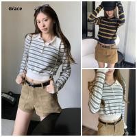 ราคา Grace คลังสินค้าพร้อม เสื้อสเวตเตอร์แขนยาวลายทางสไตล์เกาหลีฤดูใบไม้ร่วงสไตล์ Preppy Uniqlo เสื้อแขนยาวผู้หญิง GRL235 (43326139767)