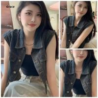 ราคา Grace Ready Stock เสื้อเสื้อกั๊กยีนส์ย้อนยุคคอปกเสื้อแขนกุดสั้น GR841 (29381692045)