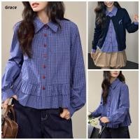 ราคา Grace คลังสินค้าพร้อม เสื้อเชิ้ตลายสก๊อตสีน้ําเงินฤดูใบไม้ร่วงฤดูหนาว 2025 เสื้อแขนยาวจับจีบ GRL175 (43526013349)