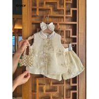 ราคา Grace 2024 สไตล์ใหม่เด็กฤดูร้อนโบราณเสื้อกั๊กติดกระดุมด้านบน กางเกงขาสั้นหลวม Suit GR140 (28718551882)