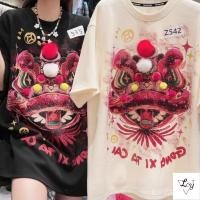 ราคา เสื้อยืดปักลายสิงโตลายใหม่ที่นิยมในโลกออนไลน์สไตล์จีน Lucky Jinbao Ping An Fu Lion Head Half Sleeve Tops คู่รัก CHIC (25990016674)