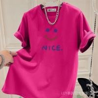 ราคา เสื้อยืดแขนสั้นผ้าฝ้ายแท้สำหรับผู้หญิง ไซส์ใหญ่ ออกแบบเรียบง่าย รอบคอมีลาย Smiley (42463836730)