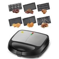 ราคา เครื่องทำแซนวิชไฟฟ้า 6 in 1 เครื่องทำอาหารเช้าพร้อมแผ่นกันติดแบบถอดได้ 6 ชุดเครื่องทำความร้อนสองด้านวาฟเฟิลโดนัท Panini Press Grill Station (48001193964)