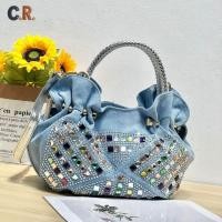 ราคา C R กระเป๋าสะพายเฉียงสไตล์เกาหลี กระเป๋าถือ ทันสมัยและแวววาว วัสดุผ้าดีนิมประดับคริสตัล ของขวัญ (45350809731)